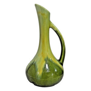 Vintage Haegar Pottery Vase Jug Ewer Handle Mid Century Green Agate Yellow Drip